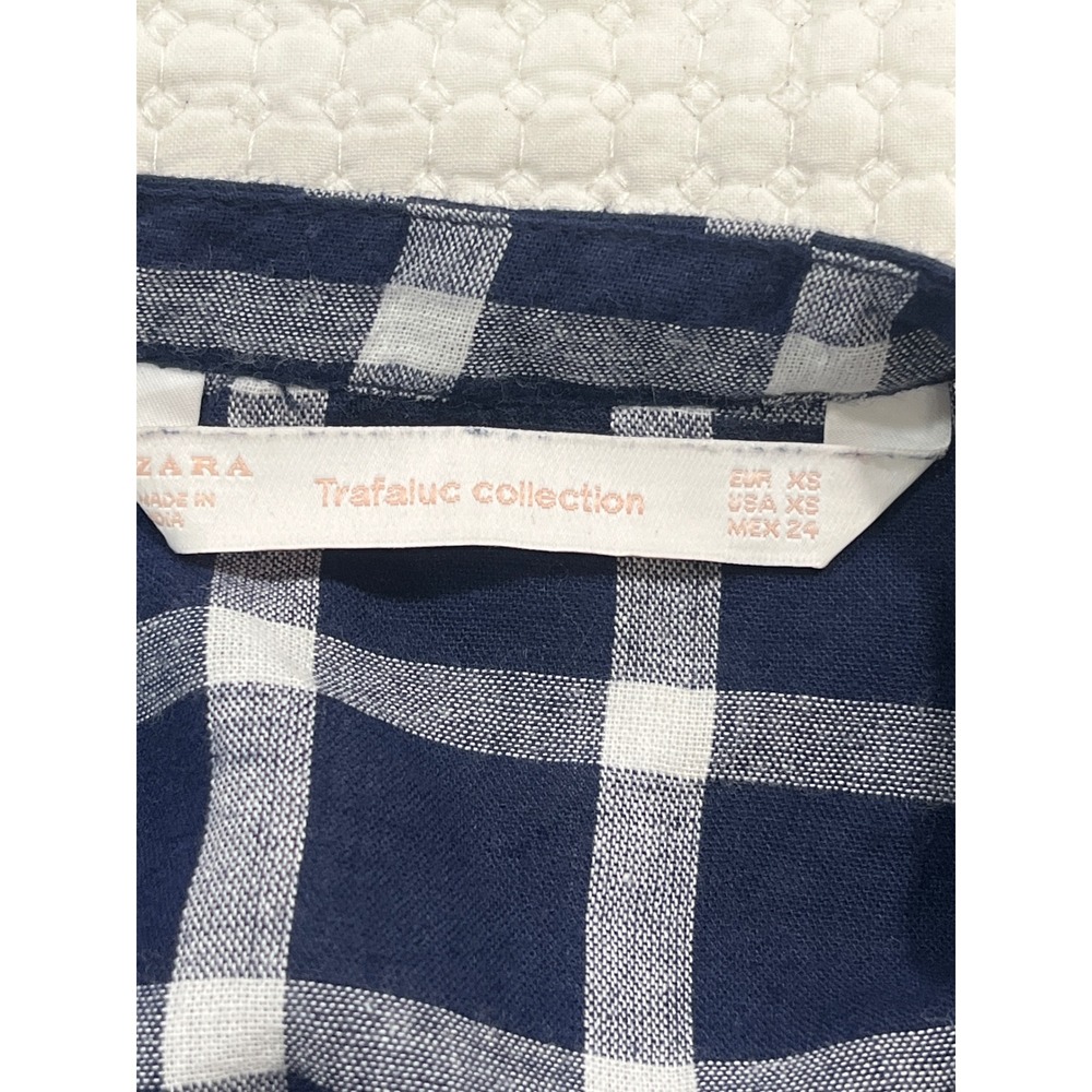 Zara Trafaluc Navy Gingham Embroidered Tassel Boho Blouse XS - Picture 4 of 7